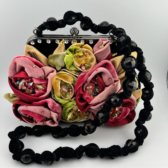 Mary Francis Black Multi Color Velvet Beaded Rose Silk...
